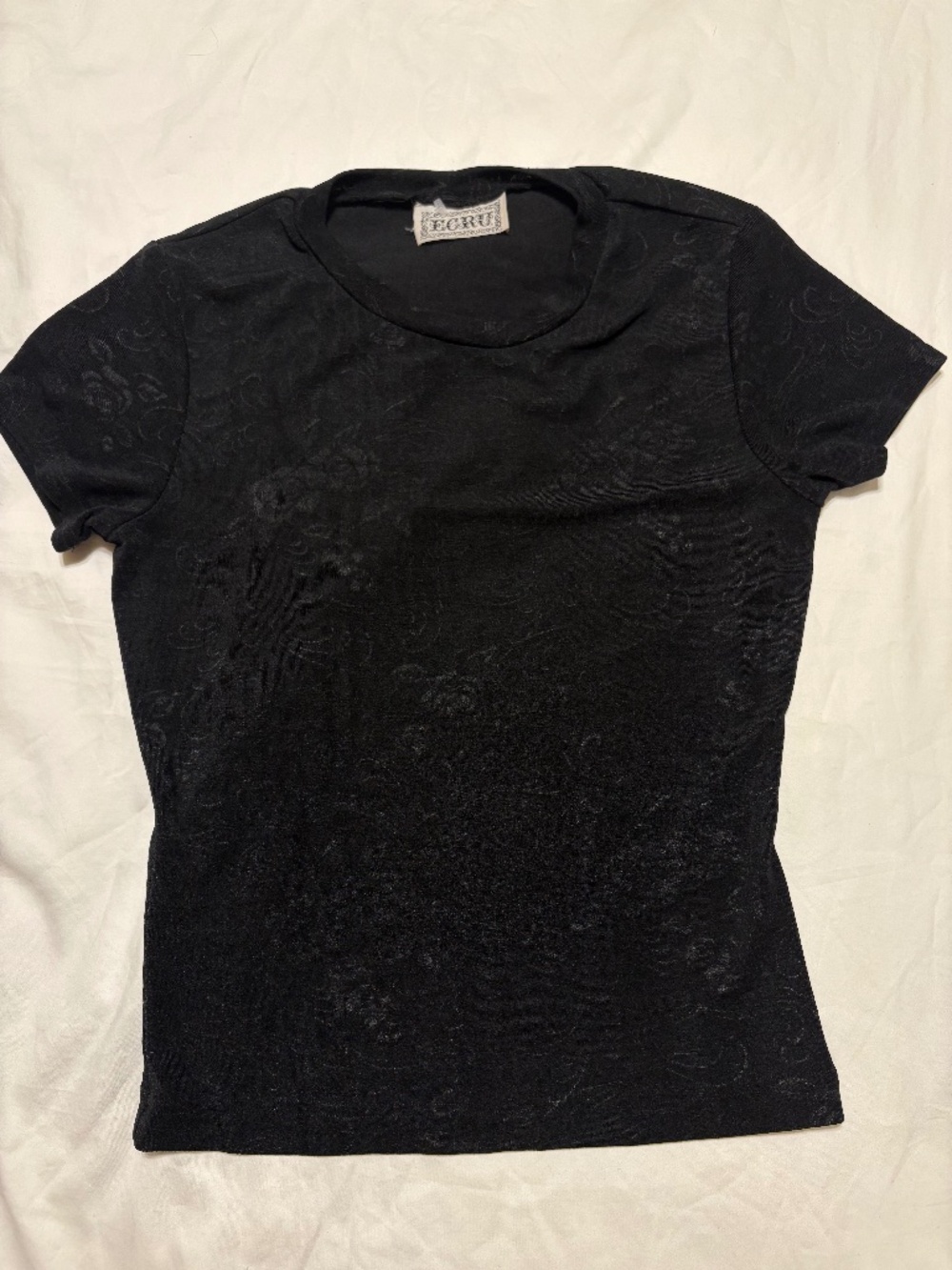 Vintage 1999 ECRU Slinky Floral Top Black Enamel Overlay Size Small